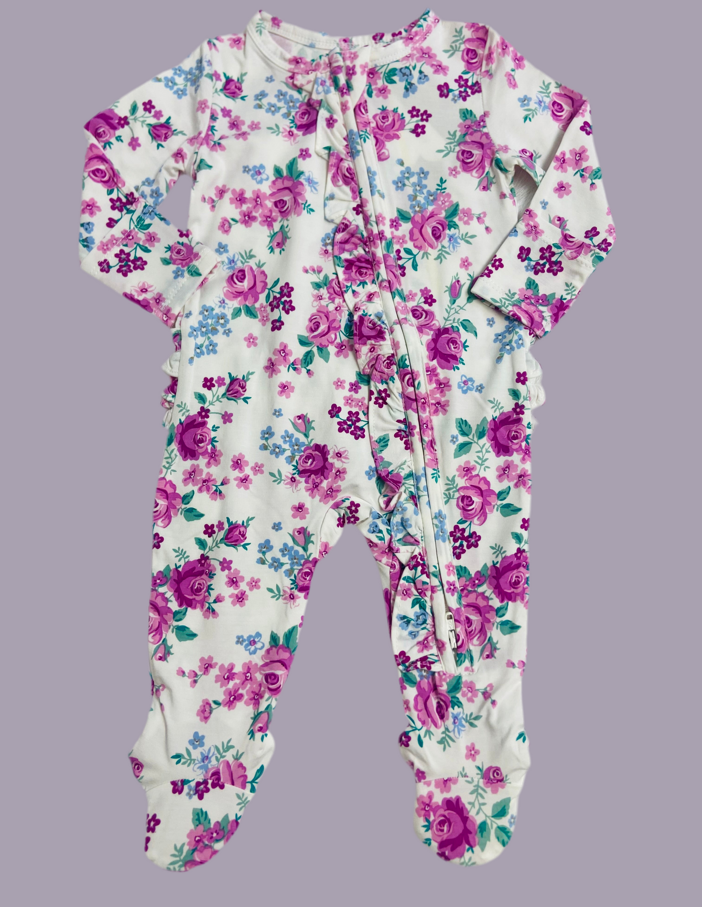Cute little roses ruffle front zipper footie