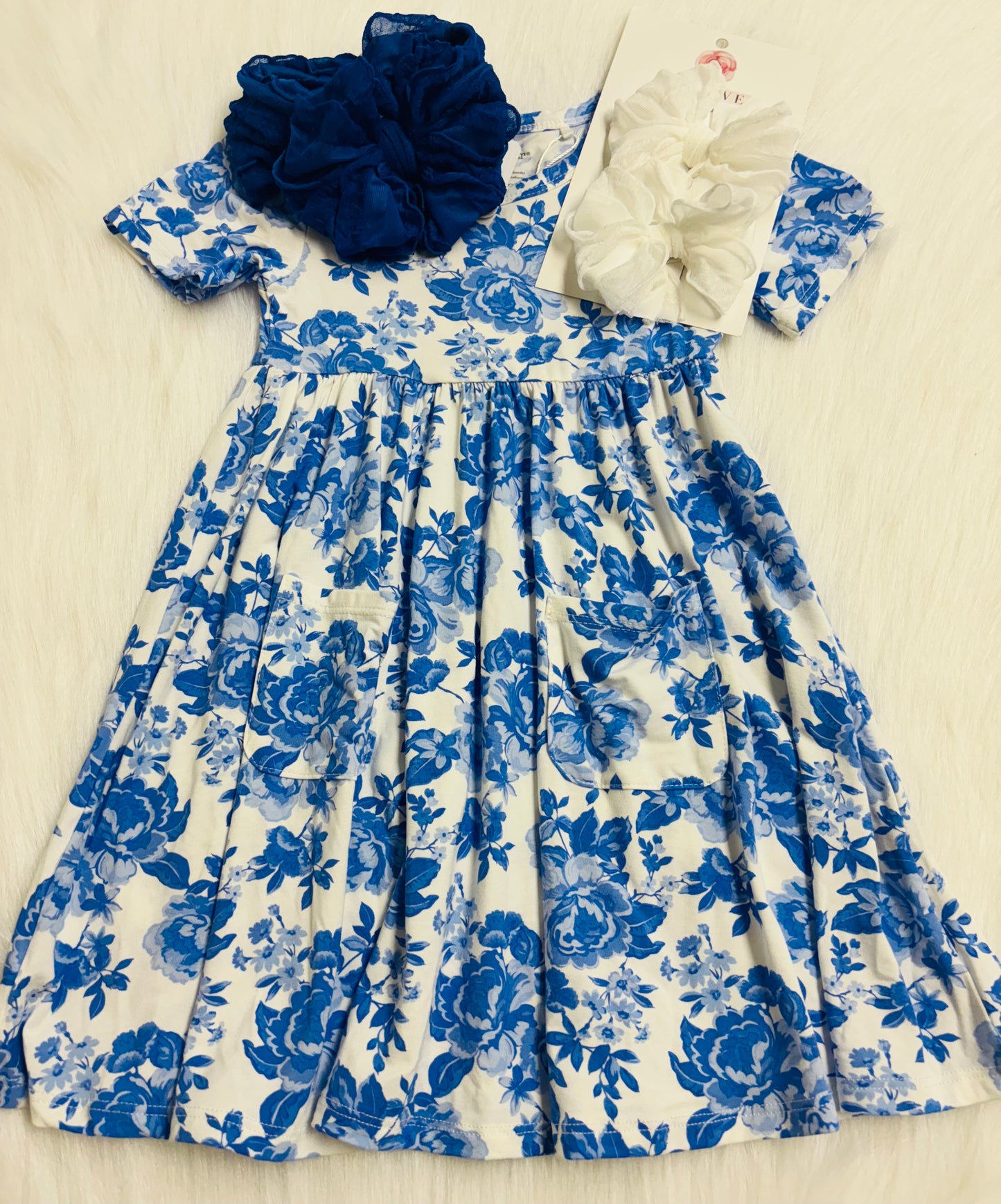 Roses in blue twirly dress