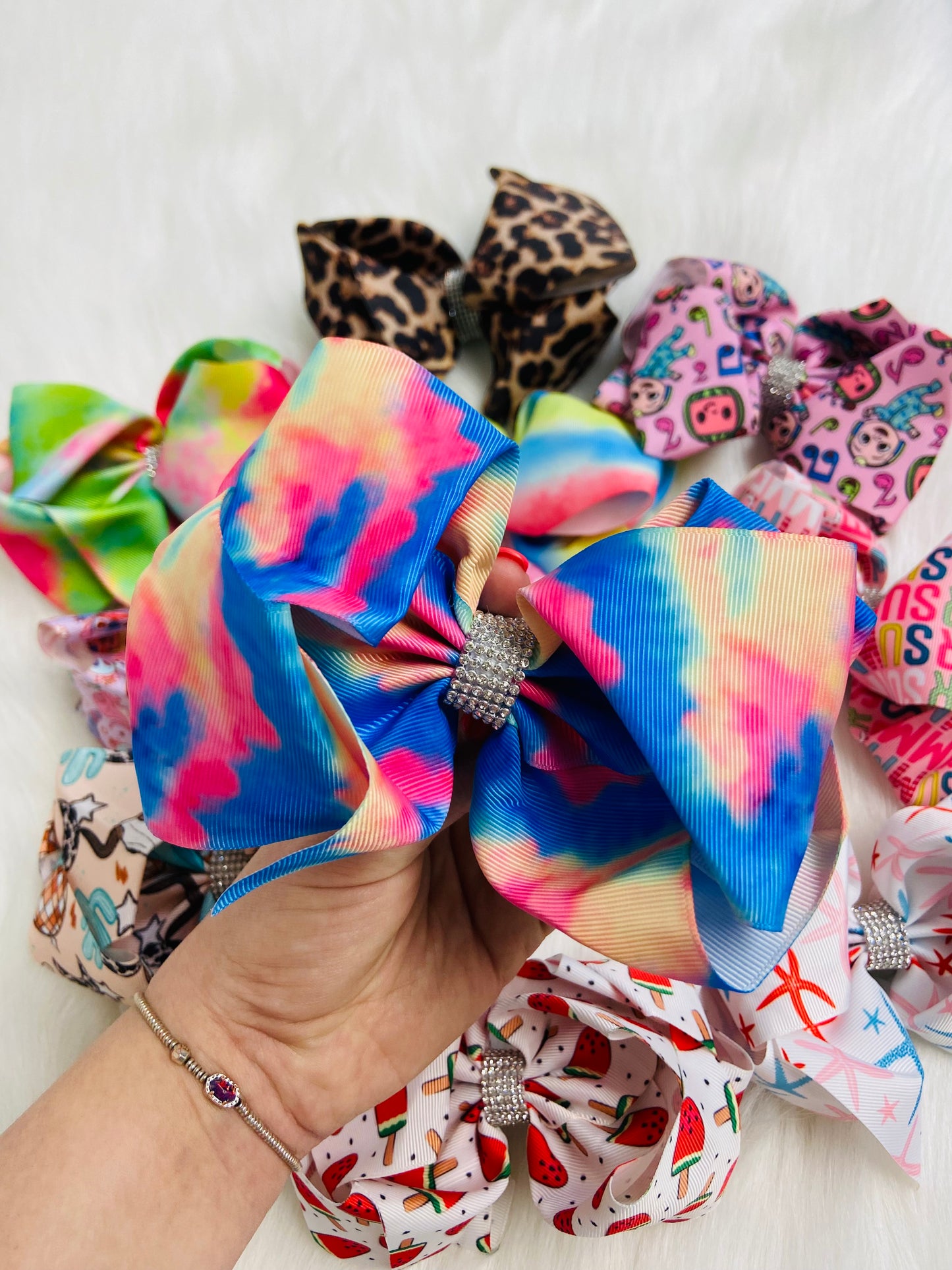 Blue tie-dye bling Bow