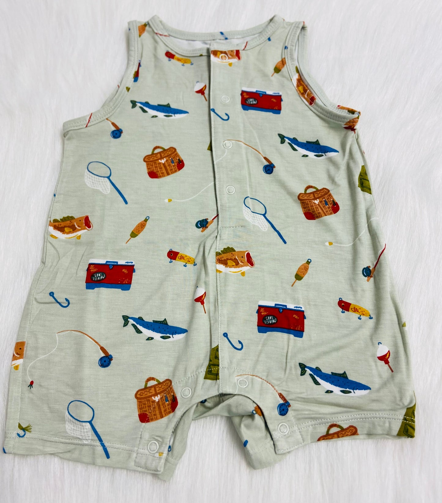 Sleeveless shortie romper fishing things green