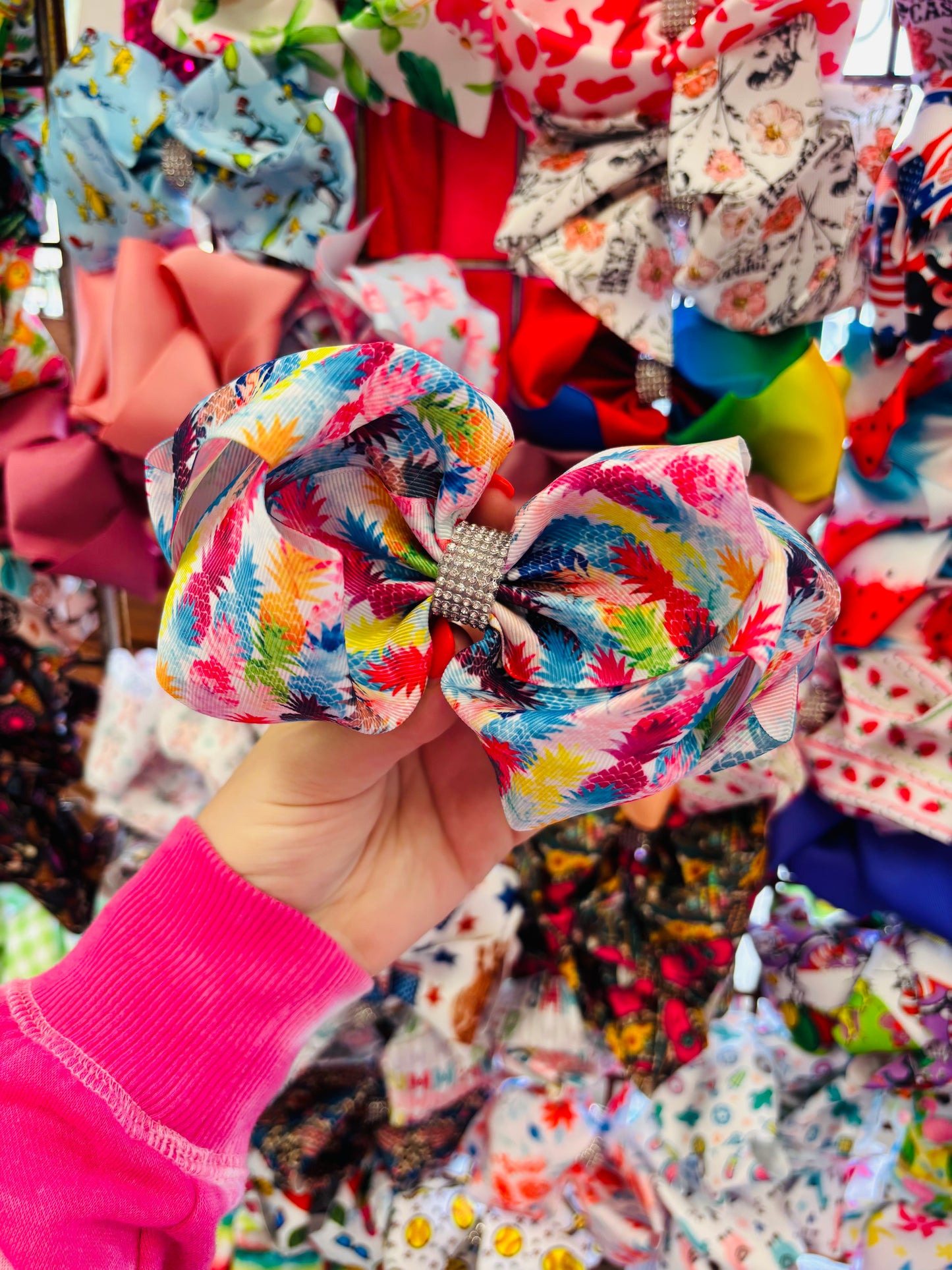 Rainbow pineapple bling bow