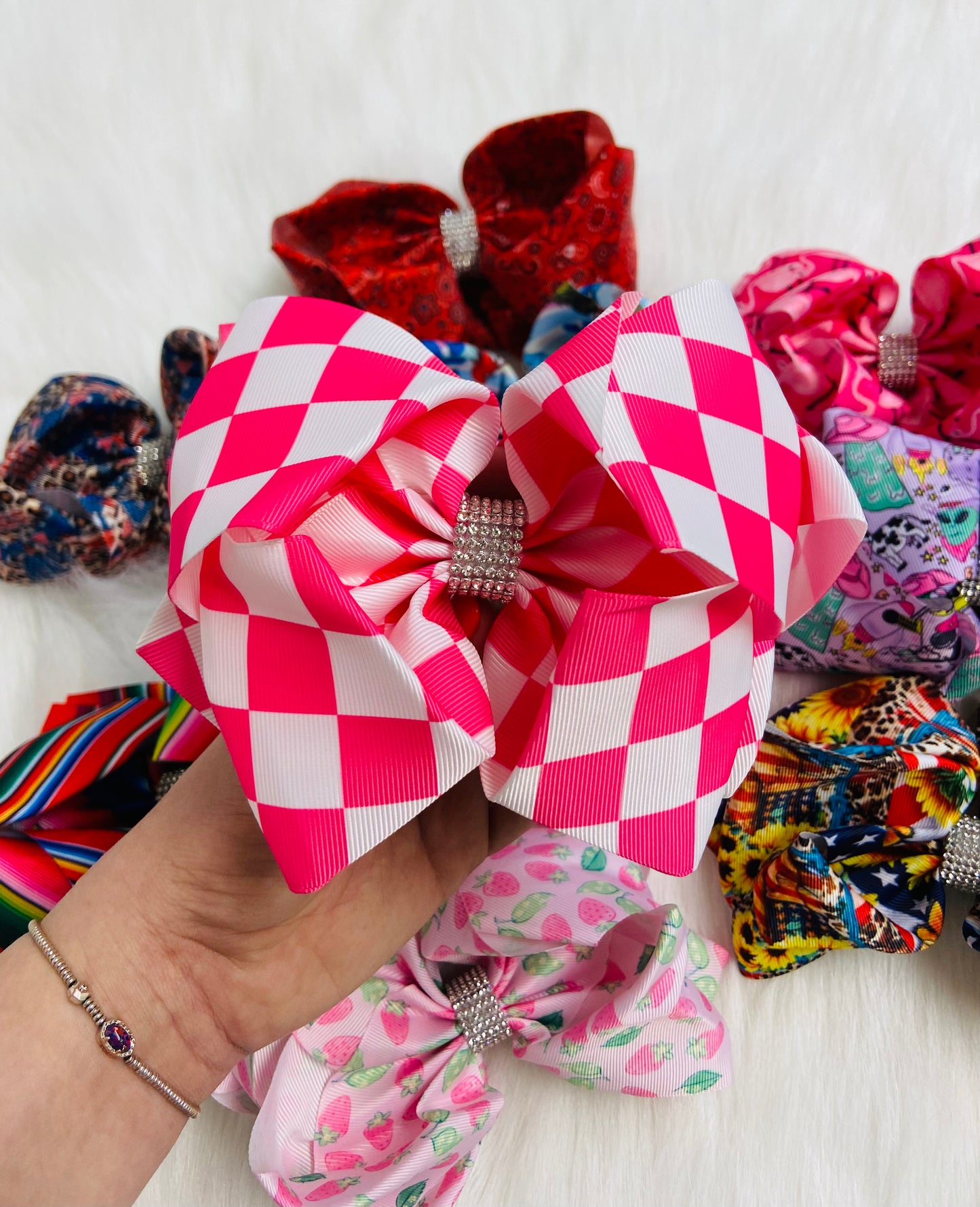 Pink & white check bling Bow