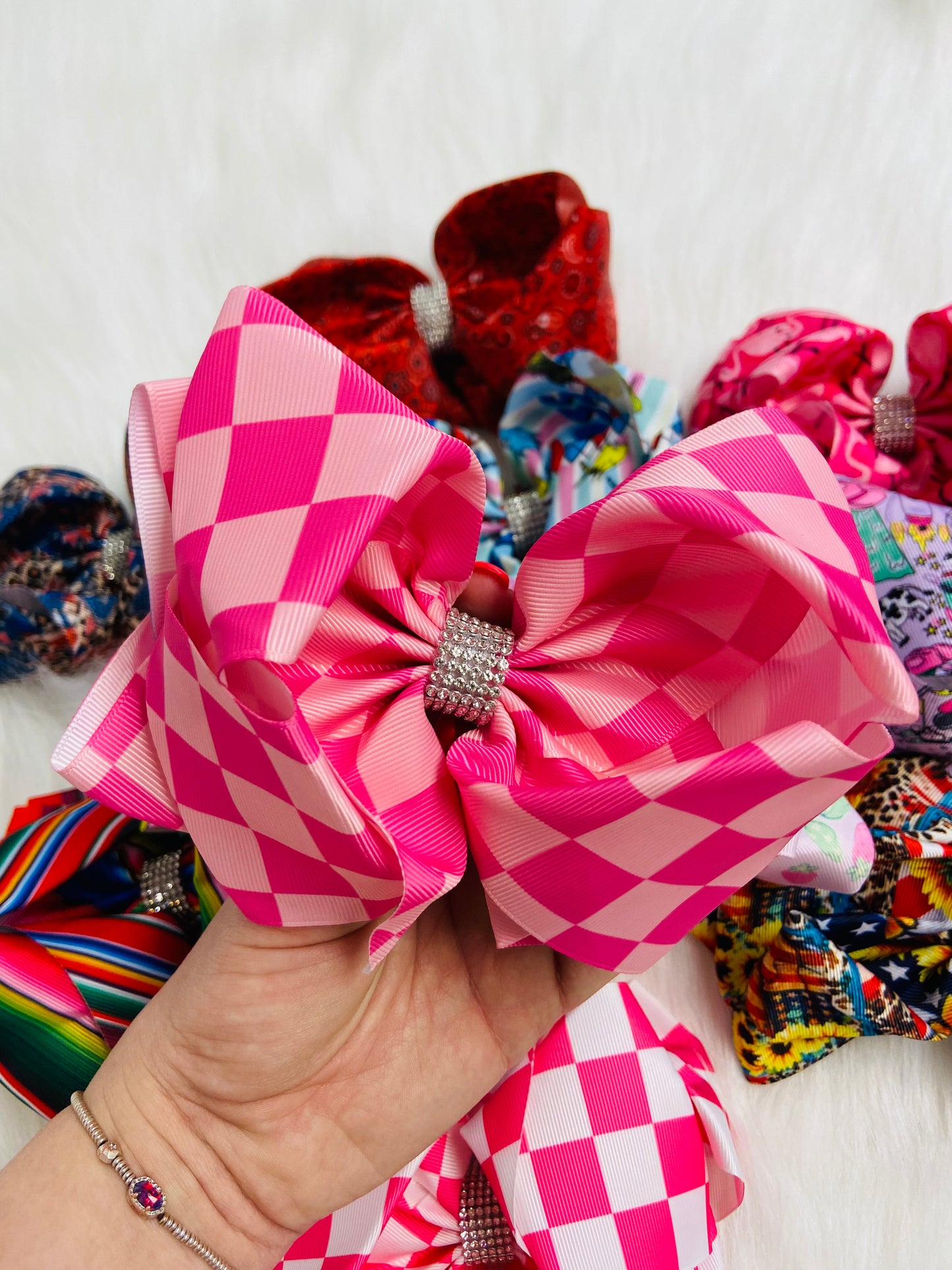 Pink & light pink check bling bow