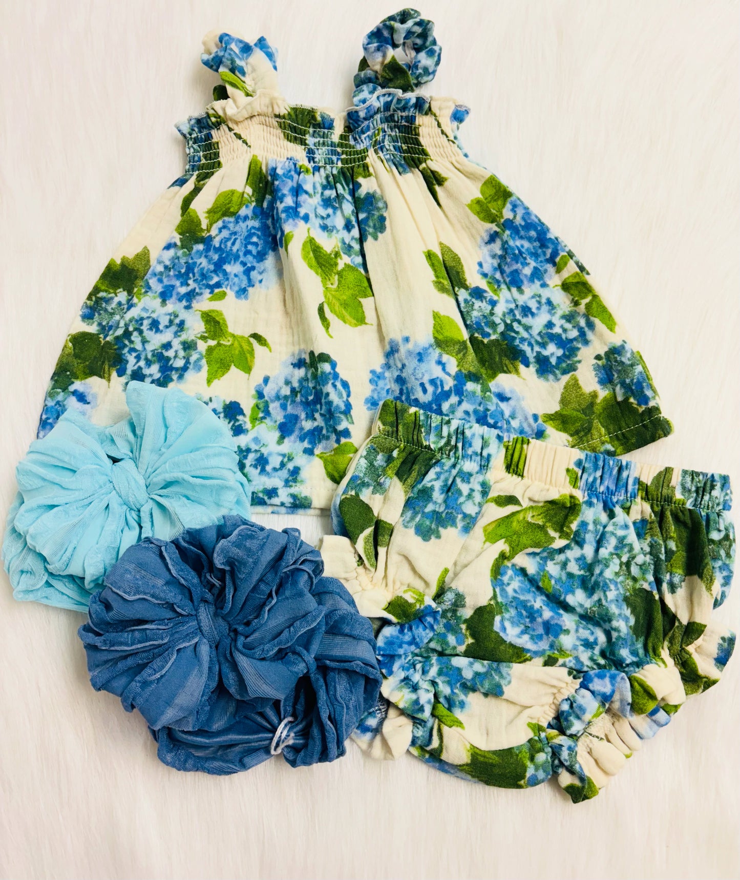 Watercolor Hydrangeas ruffly top and bloomer set