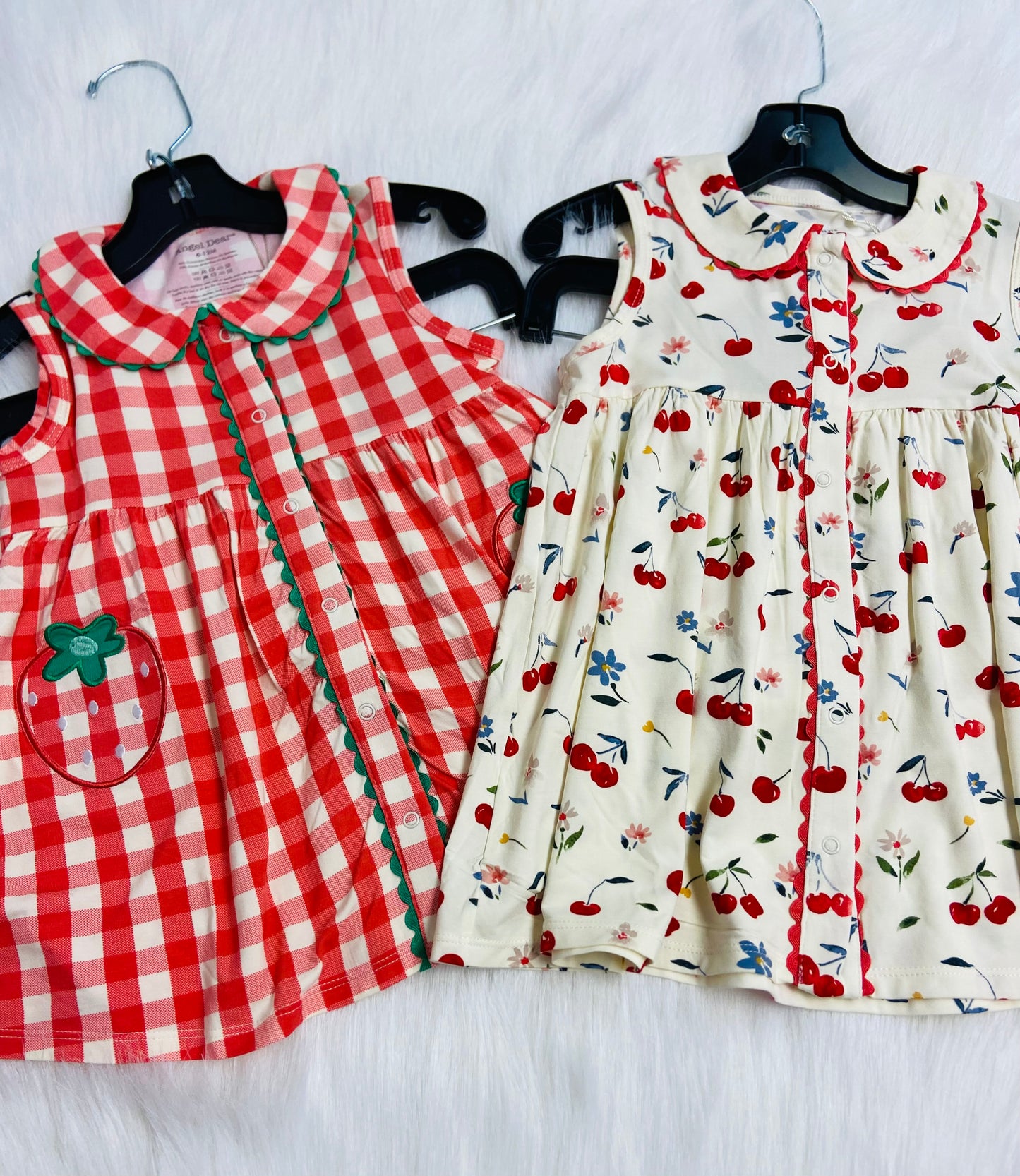 Strawberry gingham peterpan button front dress w/ Ric rac & D/C