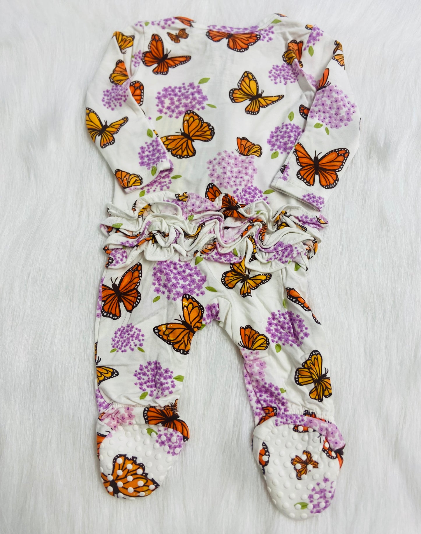 Monarch butterflies 2 way ruffle zipper footie
