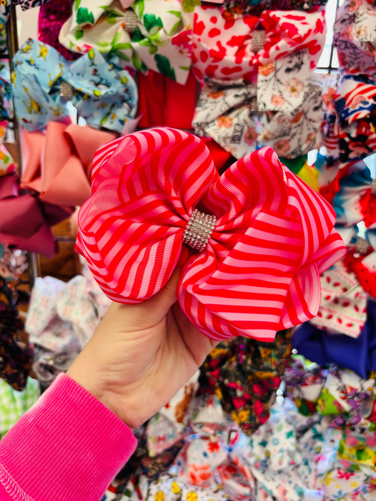 Pink & red striped bling bow