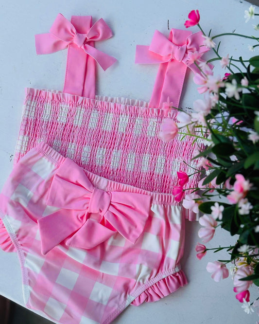 Smocked pink check two piece swimsuit