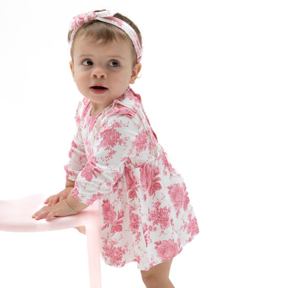 Vintage pink roses ruffle long sleeve bodysuit dress