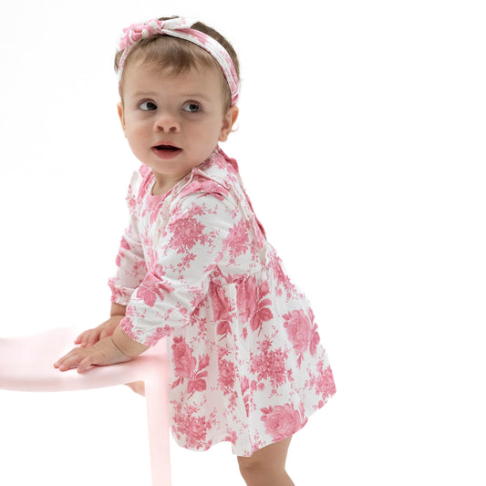 Vintage pink roses ruffle long sleeve bodysuit dress