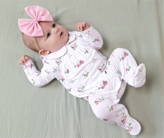 Baby Golf Carts - pink - Smocked Peter Pan snap footie