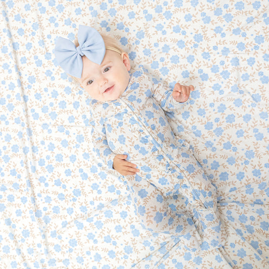 Baby Blue Floral 2 Way ruffle footie