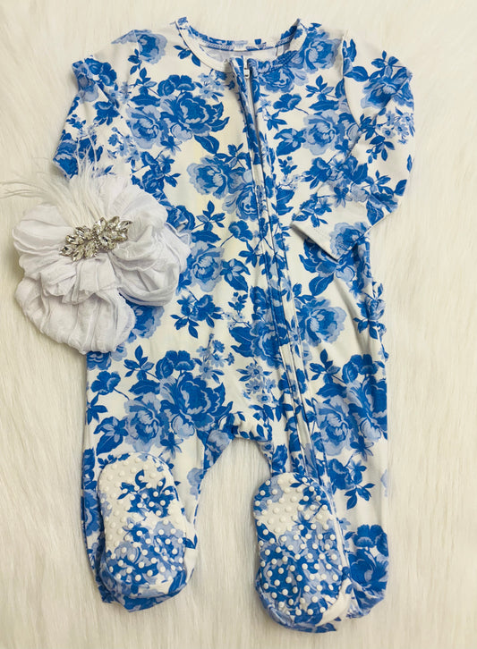 Roses in blue 2 way zipper ruffle back footie