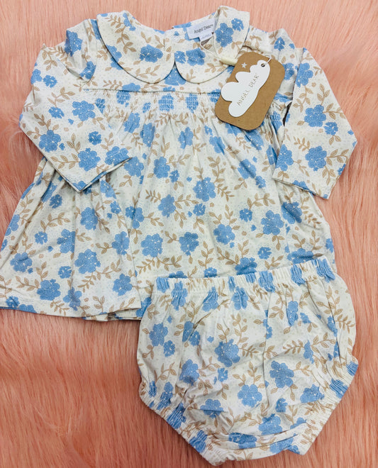 Baby Blue Floral L/S Peter-pan collar dress + bloomer