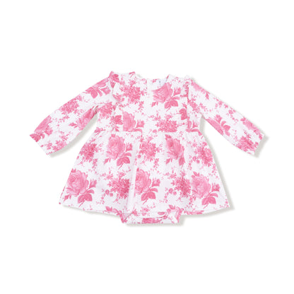 Vintage pink roses ruffle long sleeve bodysuit dress