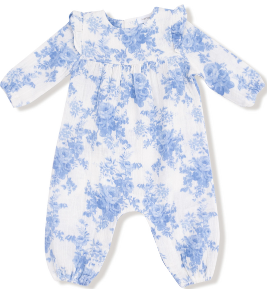 Dream Cottage Floral Blue Ruffle Sleeve Romper