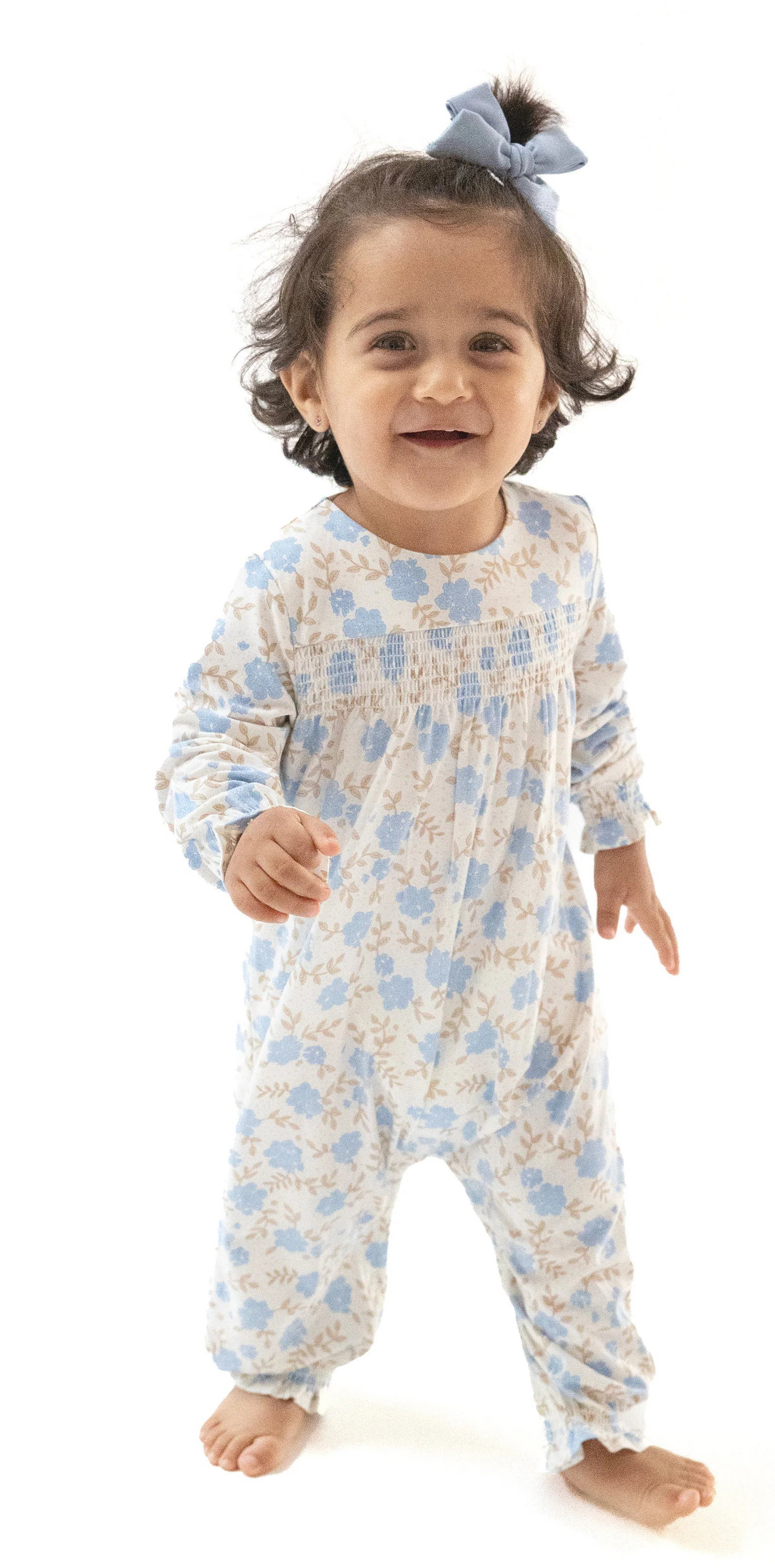 Baby blue floral smocked romper