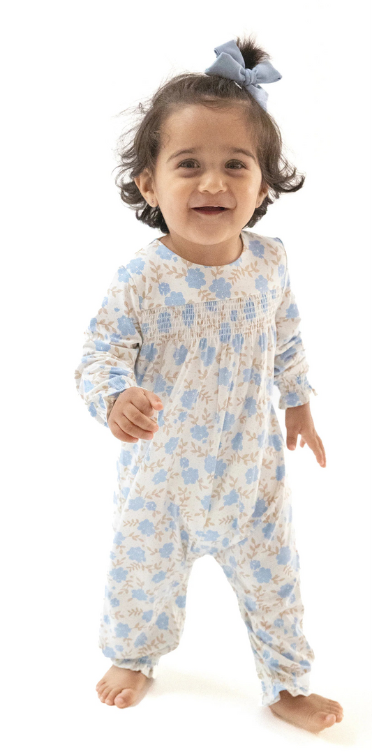 Baby blue floral smocked romper