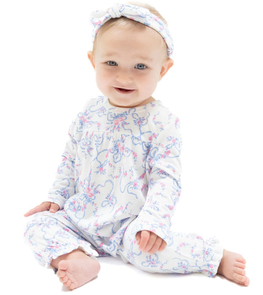 Ribbon Floral Fling Cuffed Sleeve Romper